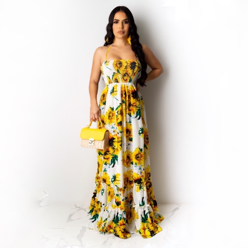 Sunflower Open Back Maxi Dress Sleeveless Sundress - Picture 3 of 8